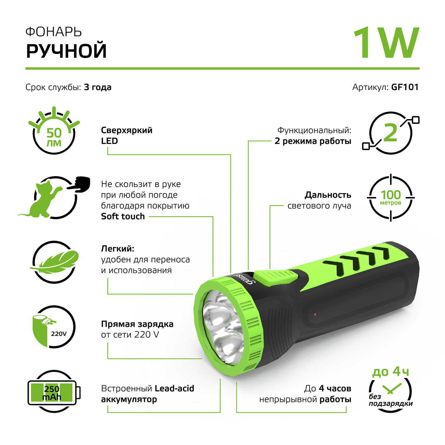 Gauss Фонарь ручной модель GFL101 1W 50lm lead acid 250mAh LED 1/10/120 GF101 — миниатюра 2