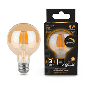 Gauss Лампаs Filament G95 6W 620lm 2400К Е27 golden диммируемая LED 1/20 105802006-D