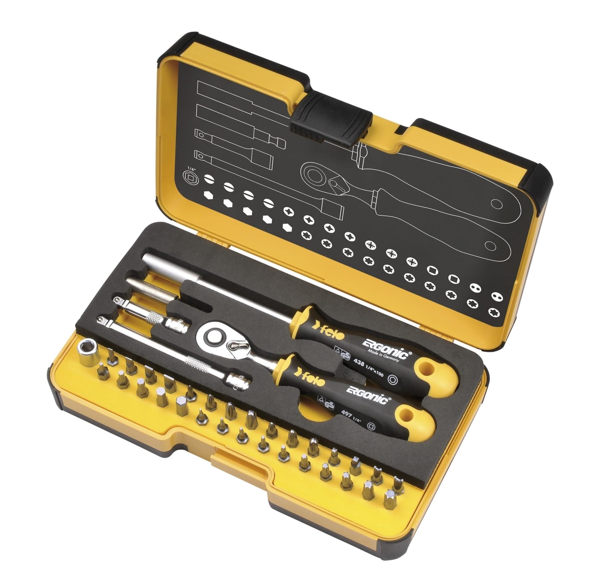 Felo Набор бит SL/HEX/PH/PZ/Tx/SQ/SPANNER/BH/MS с трещоткой и отвертка с держателем бит ERGONIC в кейсе, 36 шт 05783606