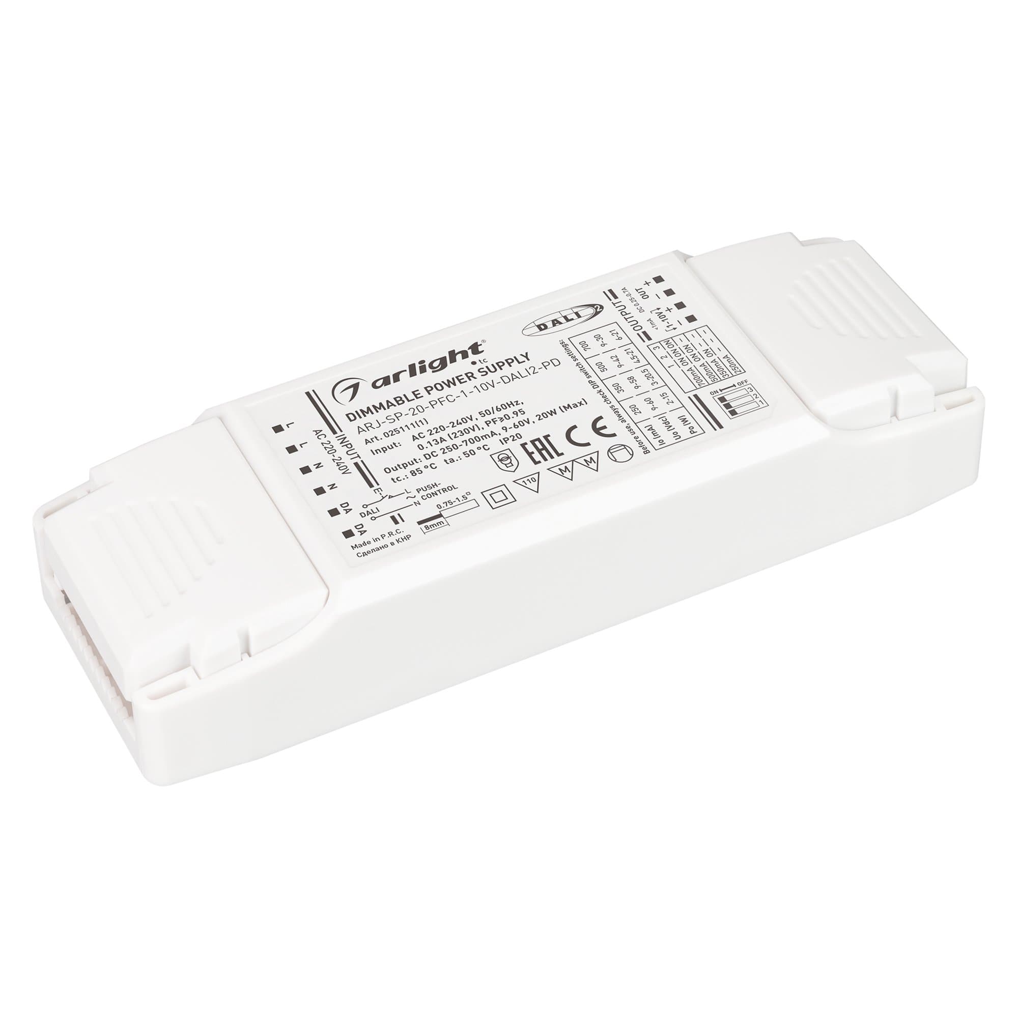 Arlight Блок питания ARJ-SP-20-PFC-1-10V-DALI2-PD (20W, 250-700mA) (IP20 Пластик, 5 лет) 025111(1) — миниатюра 1