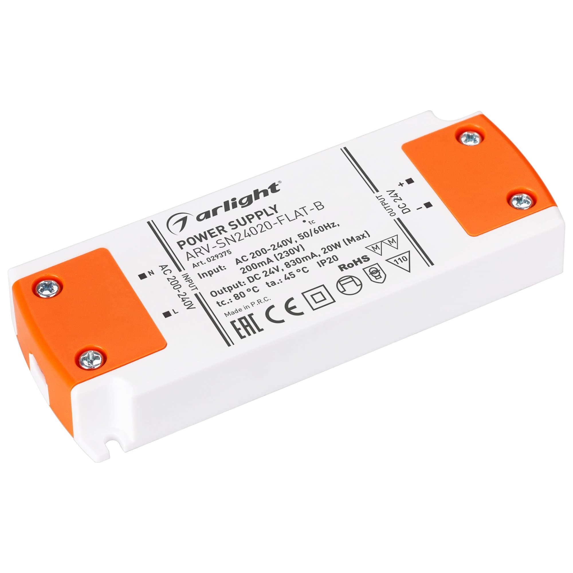Arlight Блок питания ARV-SN24020-FLAT-B (24V, 0.83A, 20W) (IP20 Пластик, 3 года) 029375