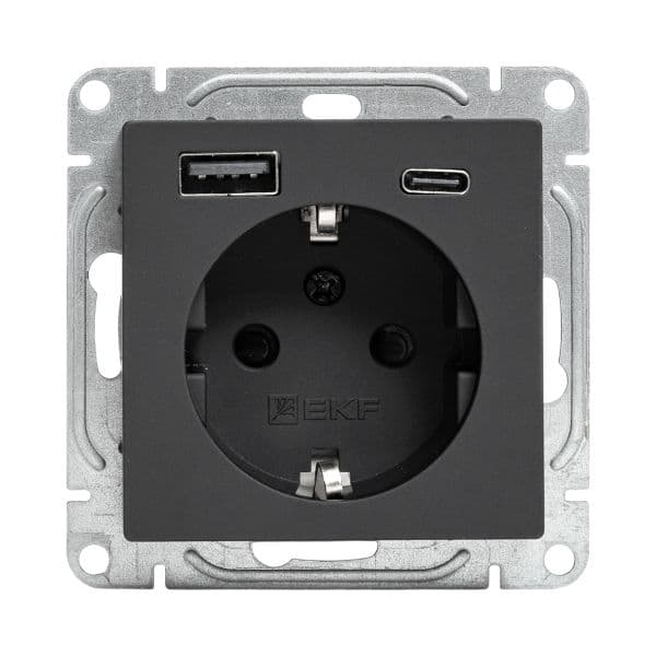 EKF Механизм розетки с USB-A+С - 2шт, 16А, с заземлением, со шторками, чёрный Эпика — миниатюра 5