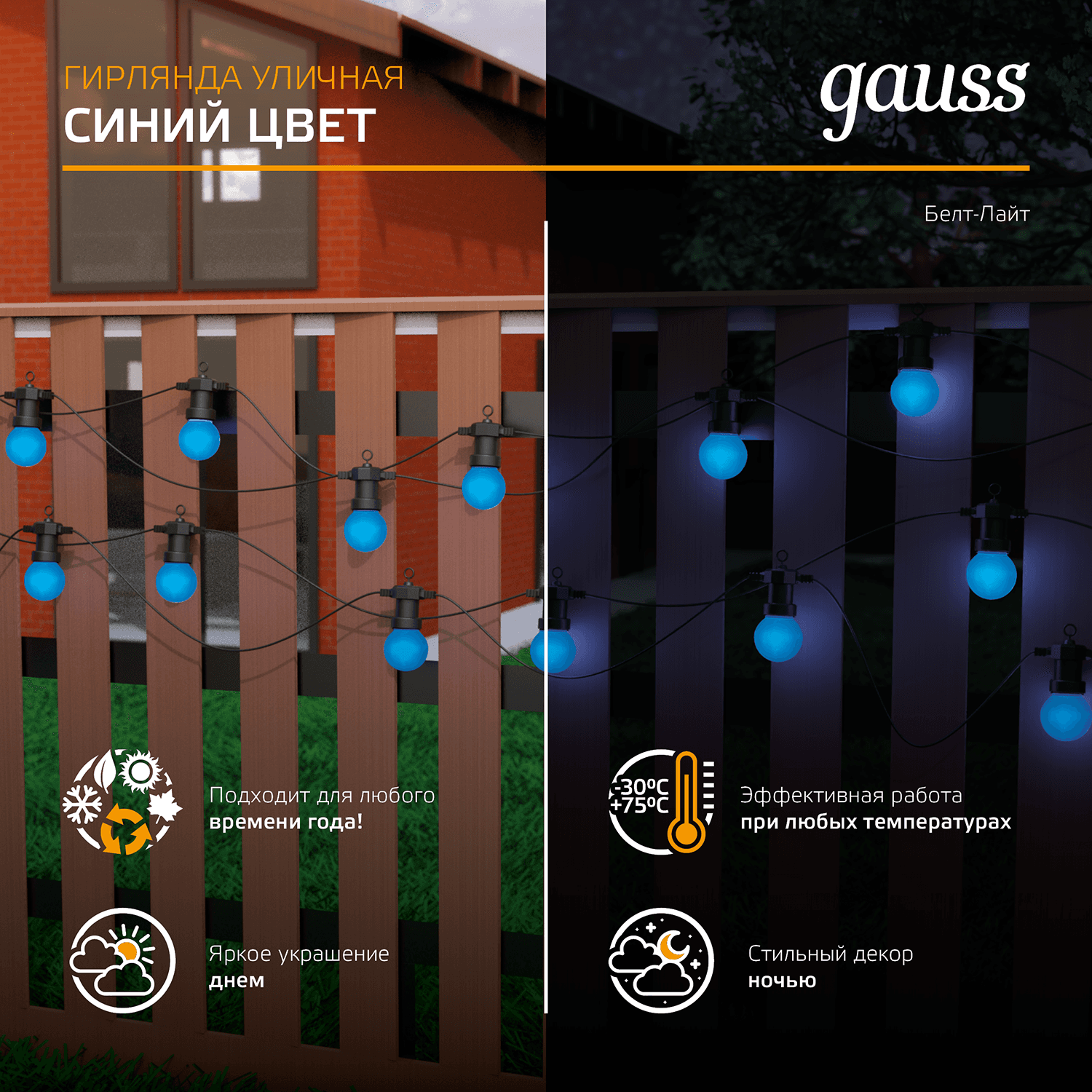 Gauss Гирлянда светодиодная "Белт Лайт" Holiday, 10 ламп, 7,7 м, IP44, синий, 1/6 HL063 — миниатюра 9