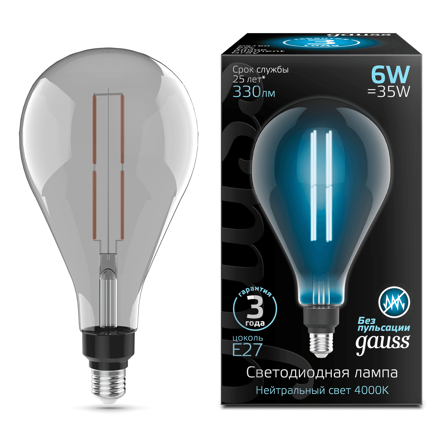 Gauss Лампа Filament PS160 6W 330lm 4000К Е27 gray straight LED 179802205 — миниатюра 4