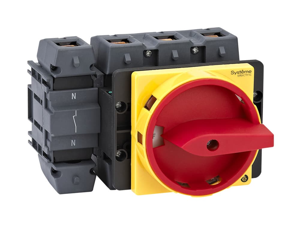 Systeme Electric Выключатель-разъединитель 4P 125A IP20 с красной рукояткой на дверцу 4 винтами с замком