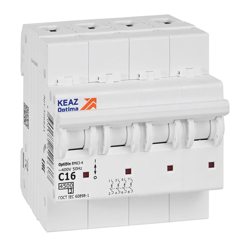 КЭАЗ OptiDin BM63 Автоматический выключатель 4P 16А C 4,5кА AC (BM63-4C16-4,5-УХЛ3) 326821