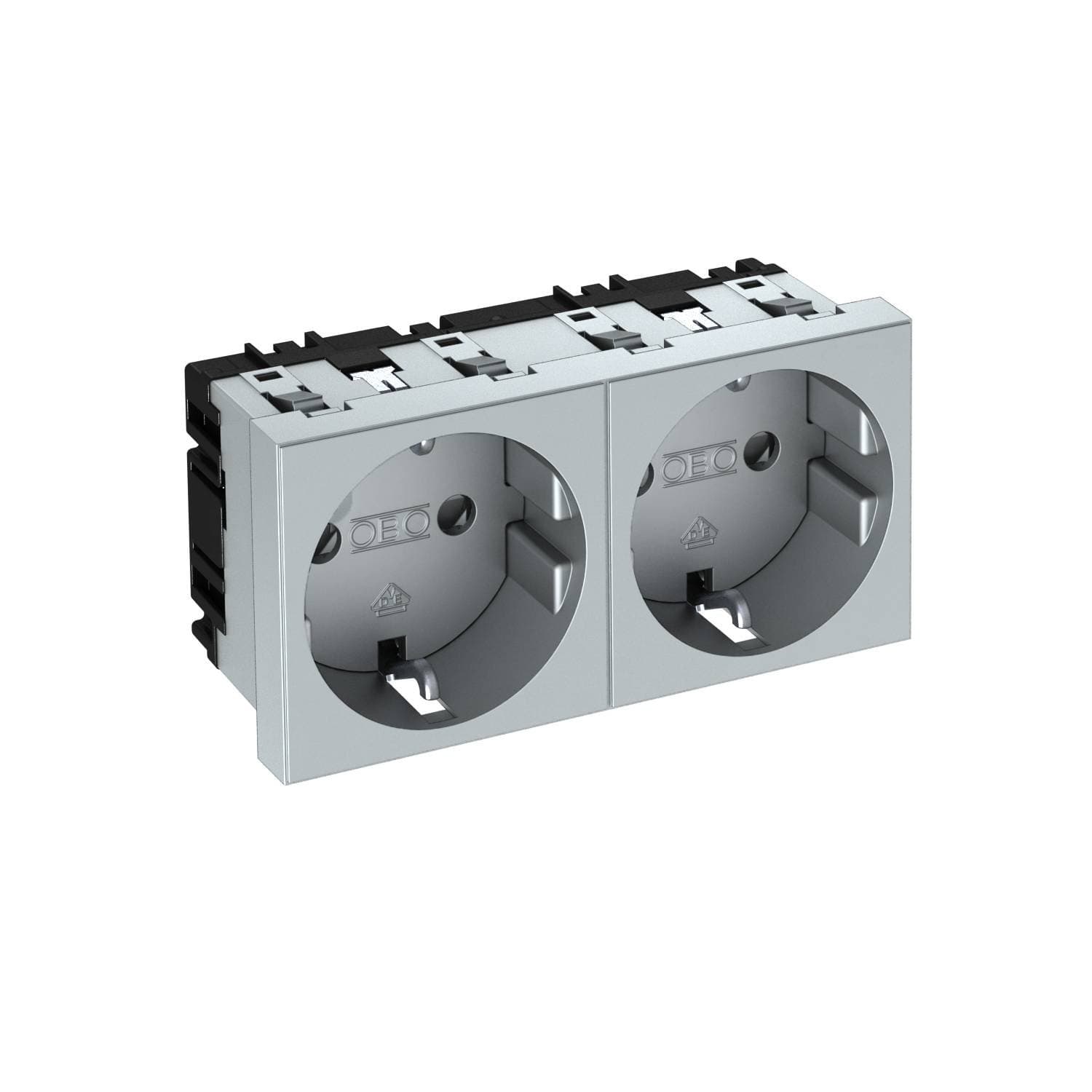 OBO Bettermann Розетка силовая 0° двойная 2х2К+З, 2 модуля Modul45, 45х90 мм, со шторками 16А 250В алюминиевый 6120032