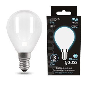 Gauss Лампа Filament Шар 9W 610lm 4100К Е14 milky LED 105201209