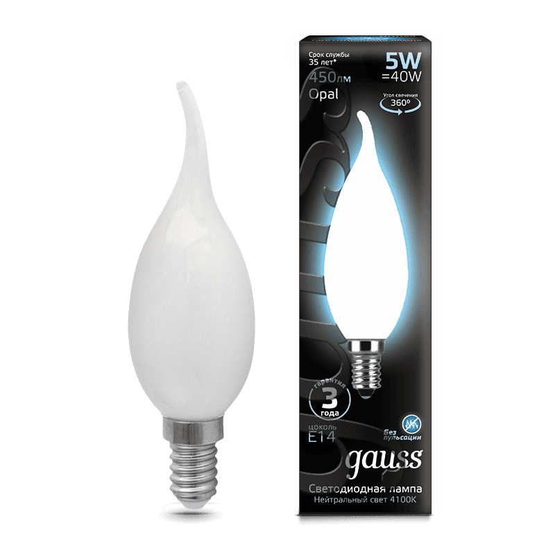 Gauss Лампа Filament Свеча на ветру 5W 450lm 4100К Е14 milky LED 104201205
