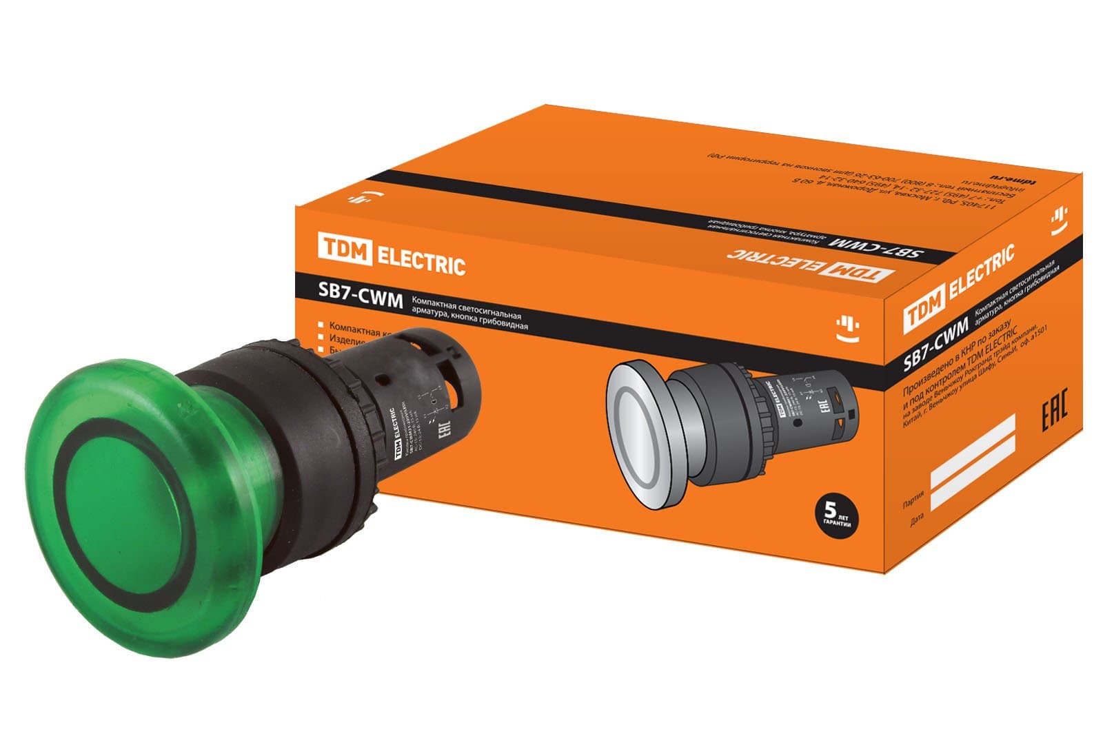 TDM Кнопка грибовидная SB7-CWM31-220V(LED) d35мм 1з зеленая SQ0746-0049