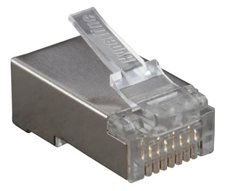 Hyperline PLUG-8P8C-U-C6-SH-100 Разъем RJ-45(8P8C) под витую пару, категория 6 (50 µ"/ 50 микродюймов), экранированный, универсальный (для одножильног 49358