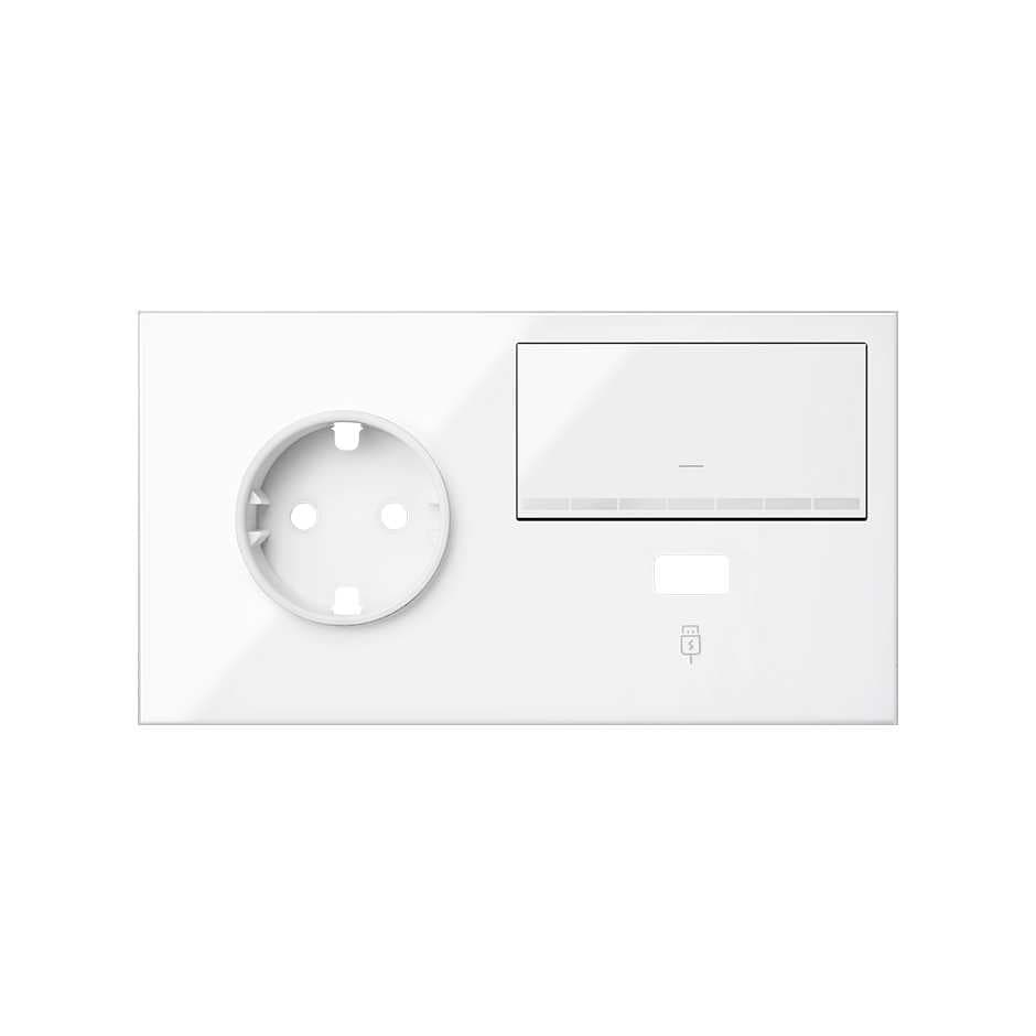Simon 100 Белый глянец Кит 2 поста, фронт. Накладка на 1 розетку Schuko (слева) + 1 з/у USB SC + 1 клавиша светорегулятора 10021209-130