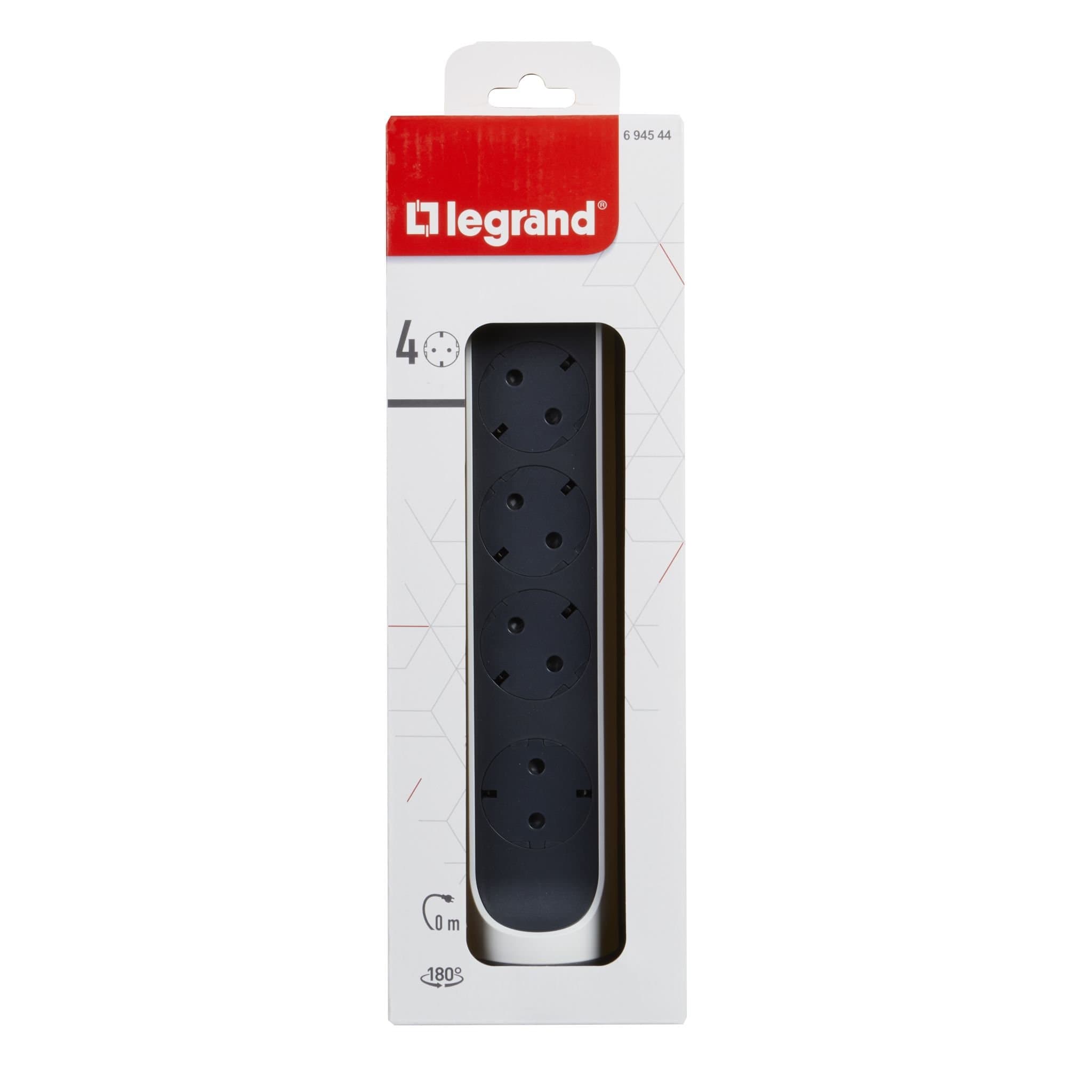Legrand Revolution Комфорт Бело-черный Удлинитель 4x2К+З с выкл., без кабеля, плоские розетки, фиксируемый поворотный блок 694544 — миниатюра 2