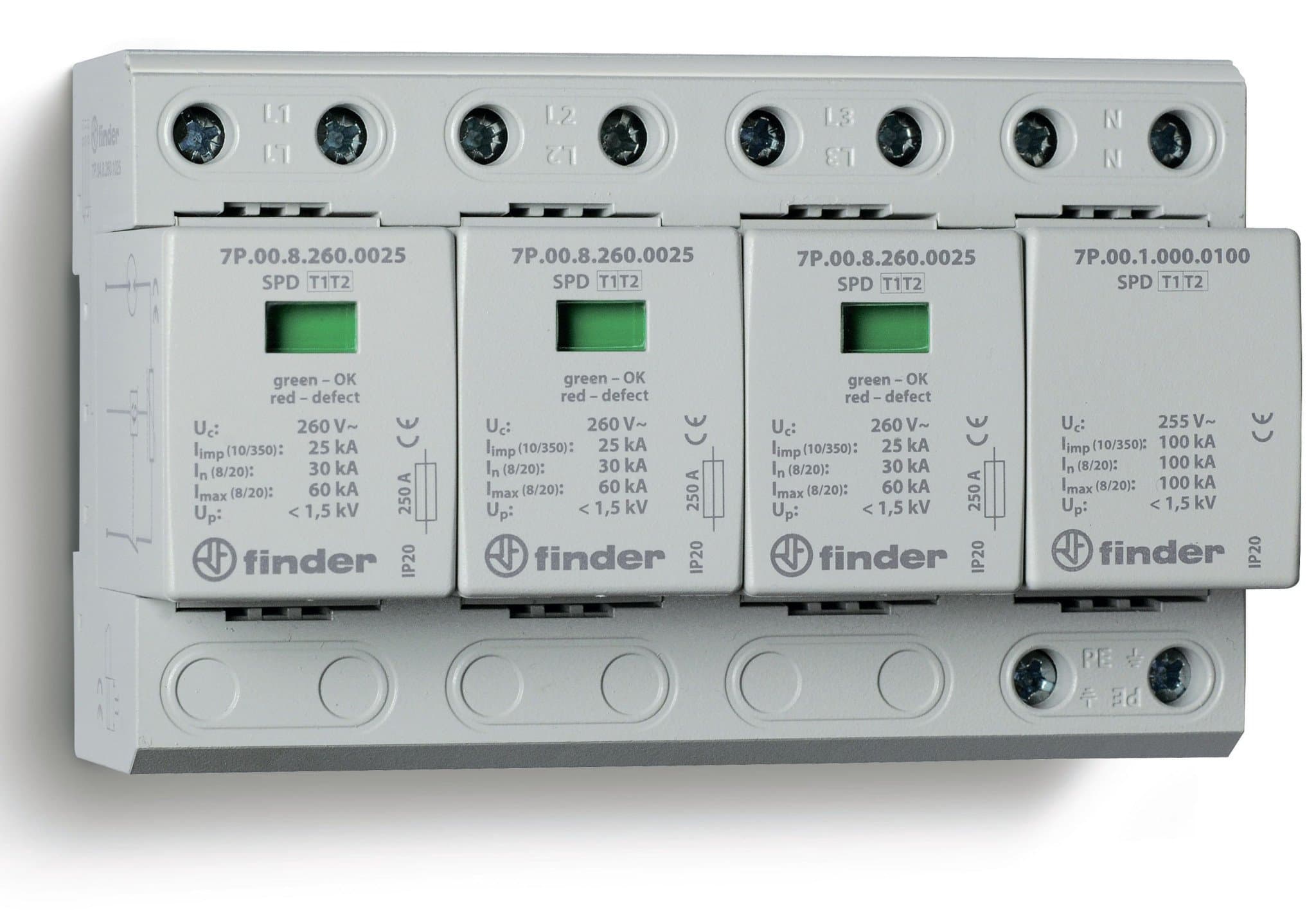 Finder Устройство защиты от импульсных перенапряжений УЗИП тип 1+2 (3 варистор/искровый разрядник + 1 искровый разрядник); модульный, ширина 144мм; ст 7P0482601025