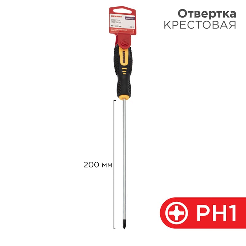 Отвертка крестовая PH 1х200 мм, двухкомпонентная рукоятка Rexant 12-6406