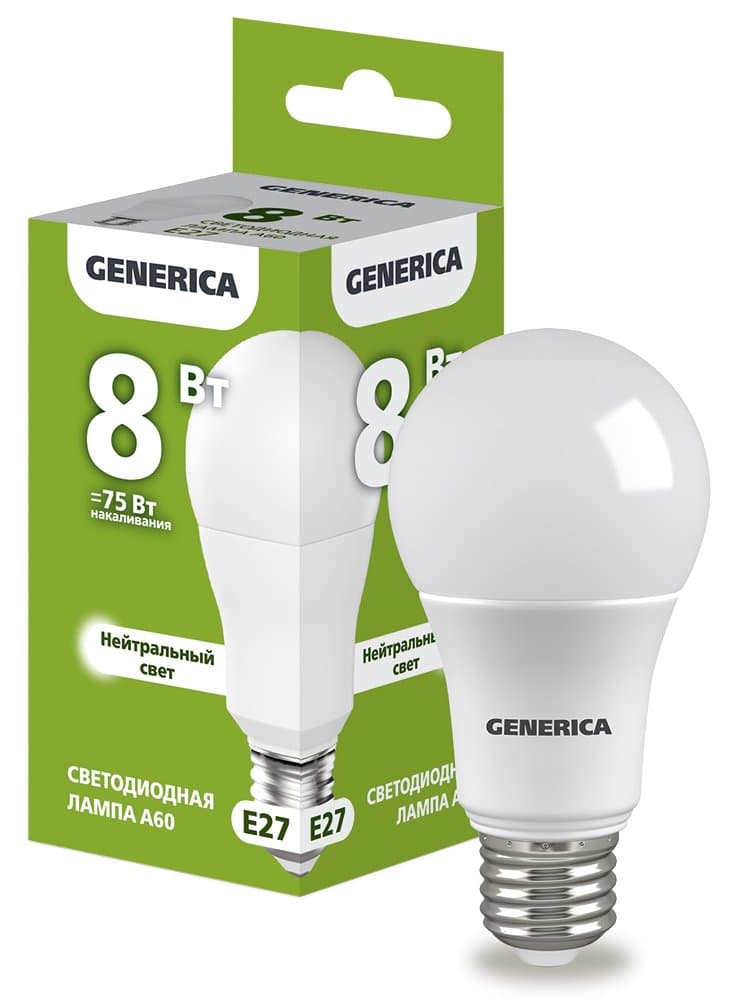 IEK GENERICA Лампа LED A60 груша 8Вт 230В 4000К E27 LL-A60-08-230-40-E27-G