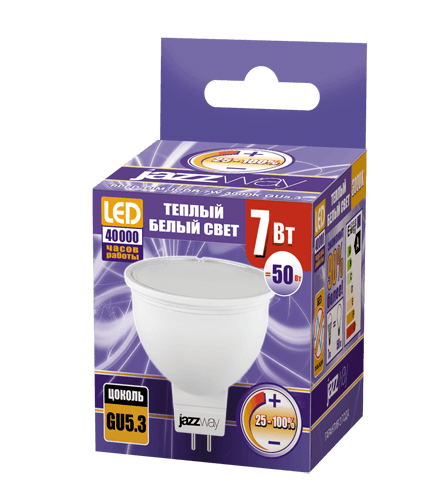 Jazzway Лампа светодиодная (LED) с отражателем d50мм GU5.3 110° 7Вт 220-230В матовая тепло-белая желтая 3000К диммируемая .1035400 — миниатюра 2