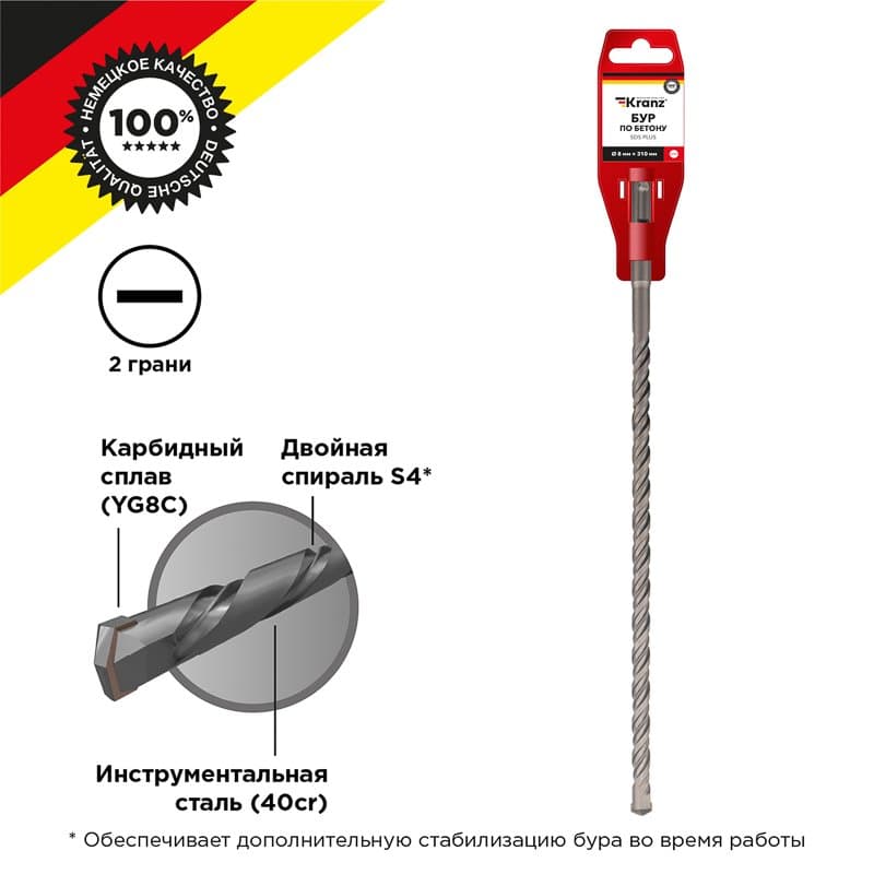 Бур по бетону 8x310x250 мм SDS PLUS Kranz KR-91-0025