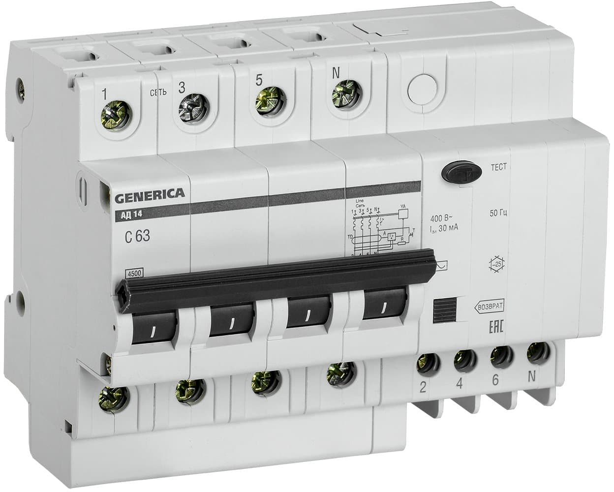 IEK GENERICA Автоматический выключатель дифференциального тока АД14 4Р 63А 30мА MAD15-4-063-C-030