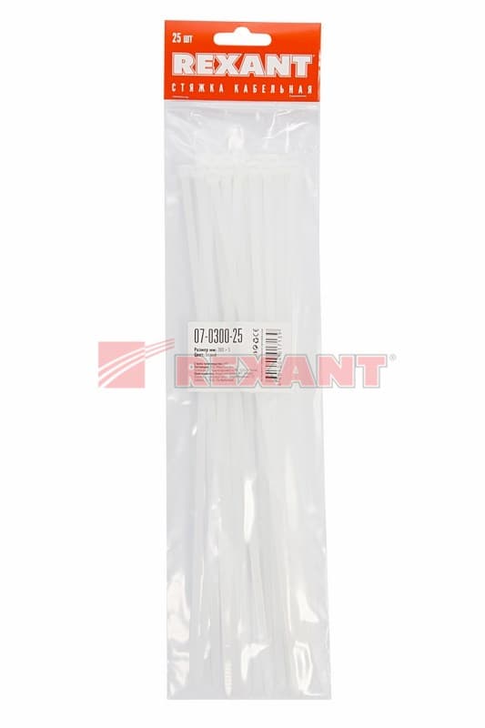 Хомут nylon 300 x 4,8 мм 25шт белый Rexant 07-0300-25 — миниатюра 2