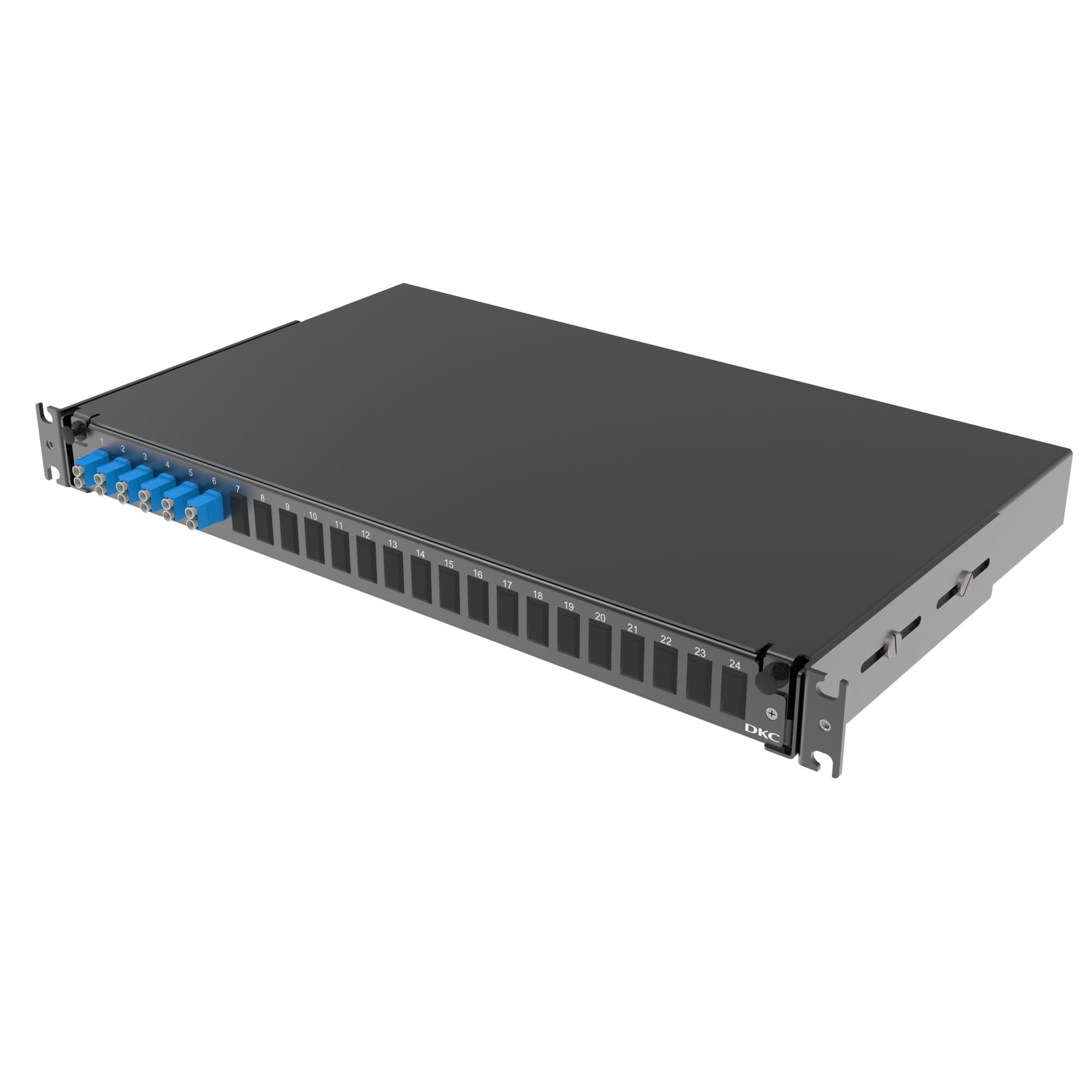 DKC Оптическая полка выдвижная 1U с адатерами 6 х duplex LC OS2 в комплекте с лицевой панелью, пигтейлами, сплайс-кассет(ой/ами) и гильзами КДЗС
