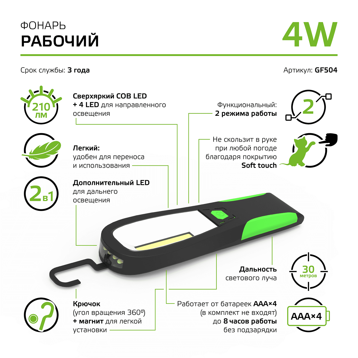 Gauss Фонарь рабочий модель GFL504 4W 210lm 4xAAA LED1/12/48 GF504 — миниатюра 9