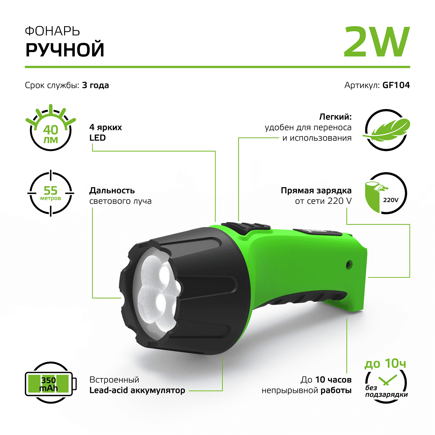 Gauss Фонарь ручной модель GFL104 4LED 40lm lead acid 350mAh LED 1/12/72 GF104 — миниатюра 2