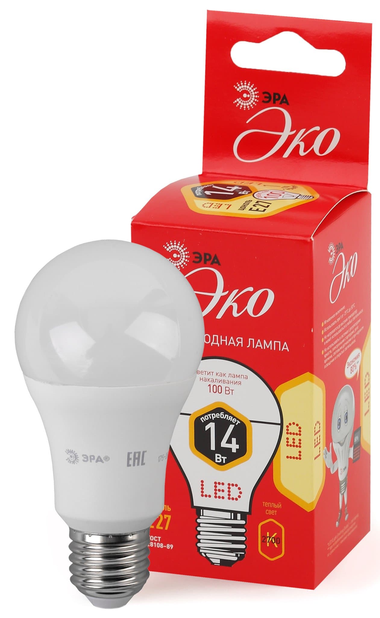 ЭРА Лампы СВЕТОДИОДНЫЕ ЭКО ECO LED A60-14W-827-E27 (диод, груша, 14Вт, тепл, E27) — миниатюра 1