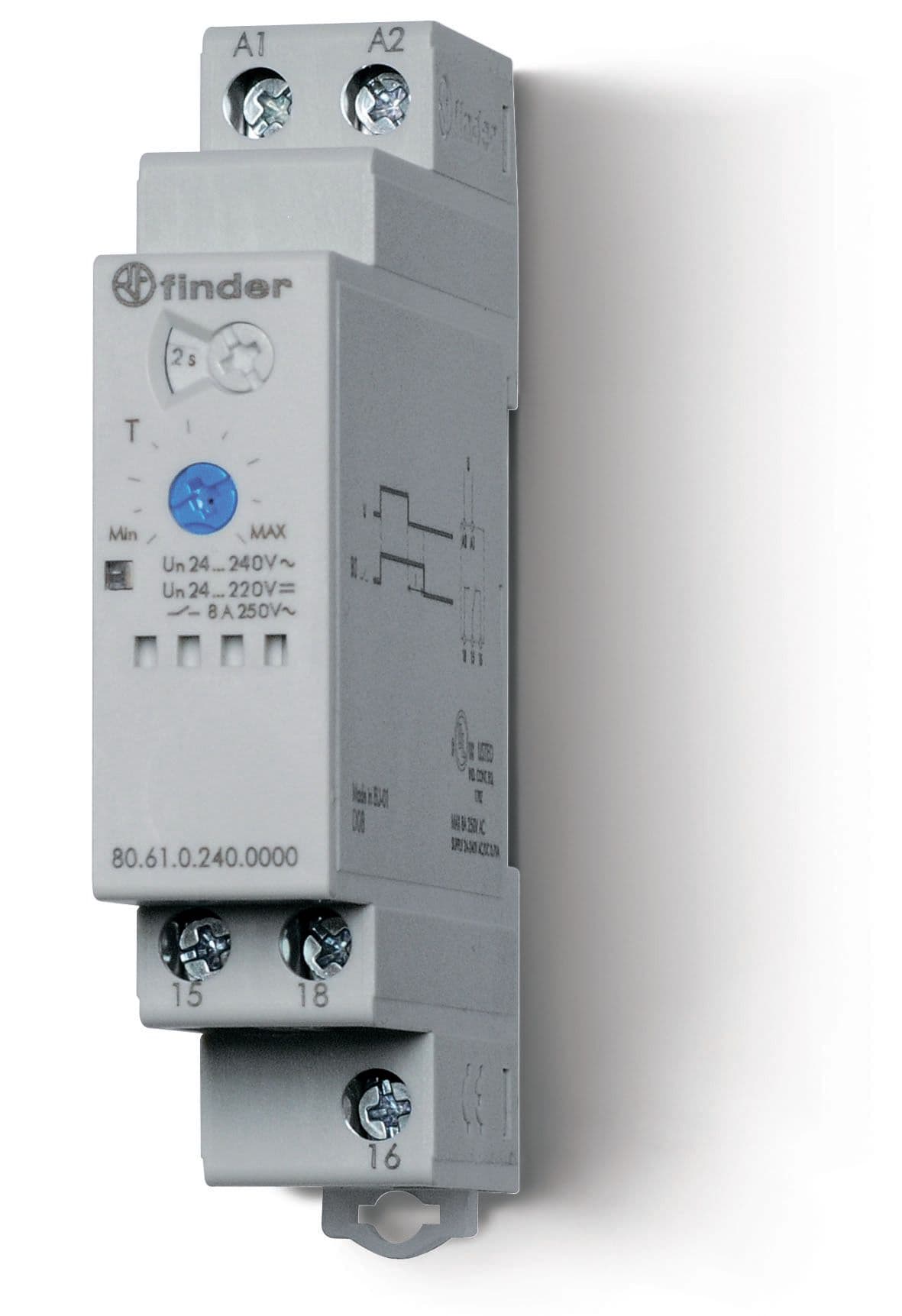 Finder Модульный таймер 1-функциональный (ВI); питание 24…240В АС/DC; 1CO 8A; ширина 17.5мм; регулировка времени 0.05с…180c; степень защиты IP20; верс 806102400000T