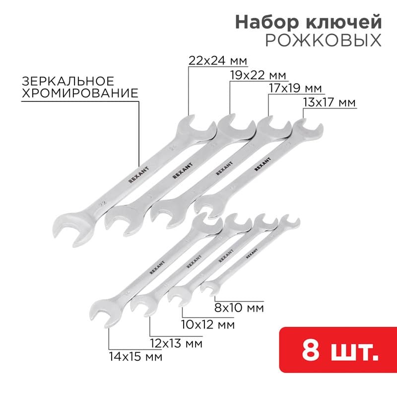 Набор ключей рожковых 8-24 мм 8 предметов Rexant 12-5844
