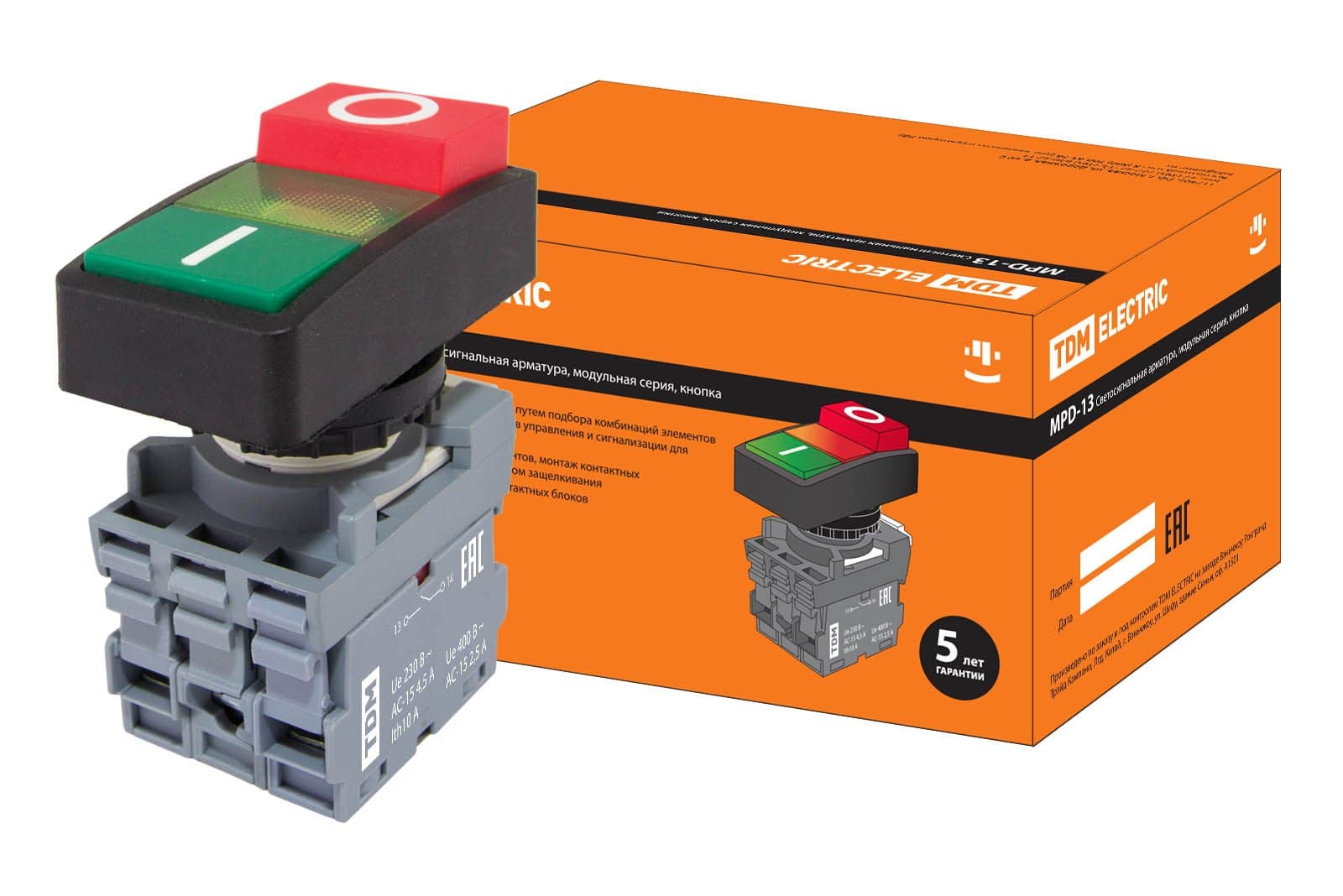 TDM Кнопка двойная MPD13-11G (зеленая/красная-выступающая) (LED) d22мм/24В (I/O) линза зеленая SQ0747-0040