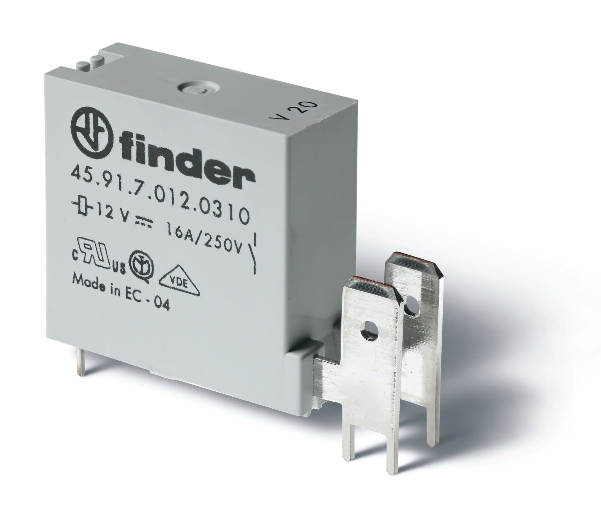 Finder Низкопрофильное миниатюрное электромеханическое реле; монтаж на печатную плату; выводы с шагом 5мм + Faston 250(6.3x0.8мм); 1NO 16A; контакты A 459170120310