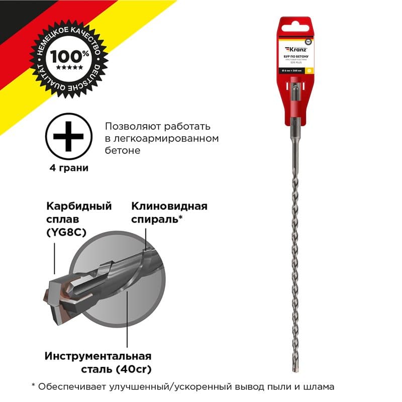 Kranz Бур по бетону 6х260 мм крестовая пластина SDS PLUS KR-91-0804