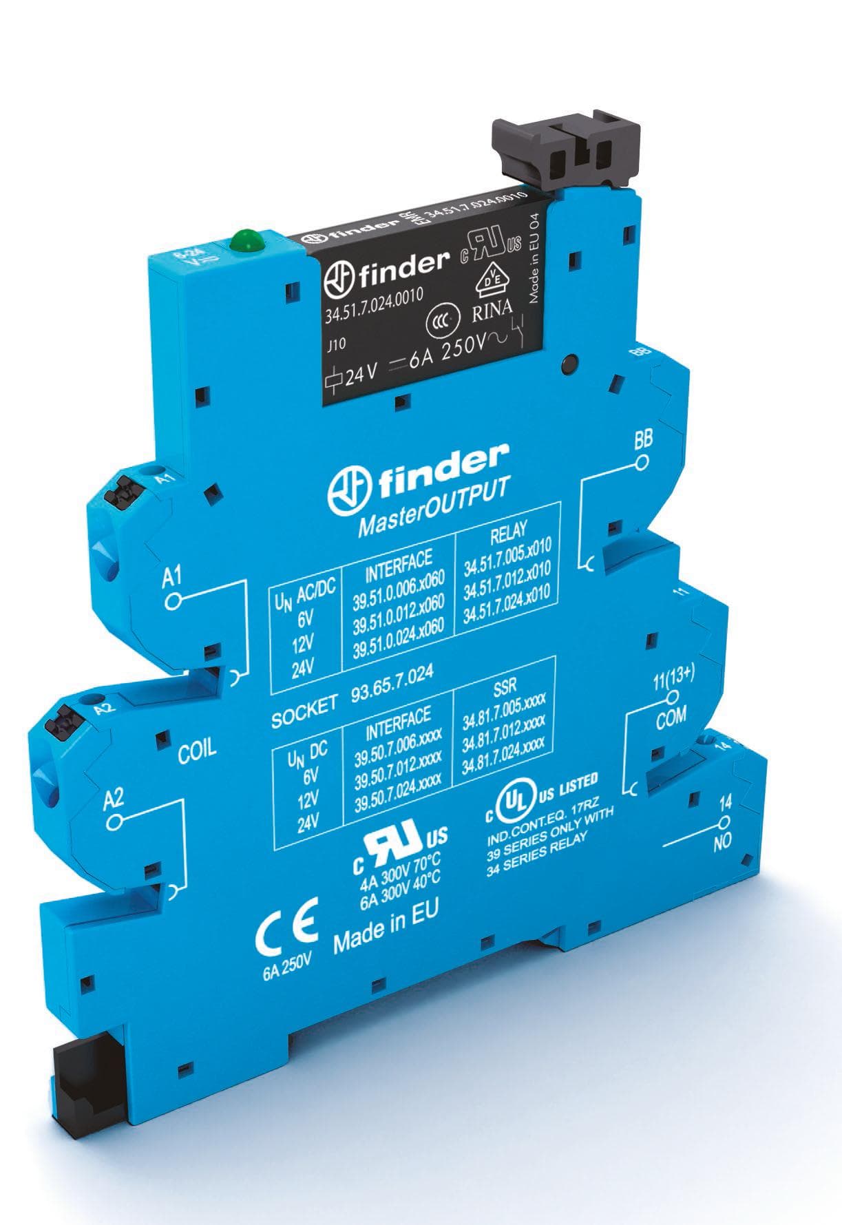 Finder Интерфейсный модуль, электромеханическое реле, серия MasterOUTPUT; 1NO 6A; питание 24В AC/DC; категория защиты IP20; безвинтовые клеммы "Push-i 395100240060