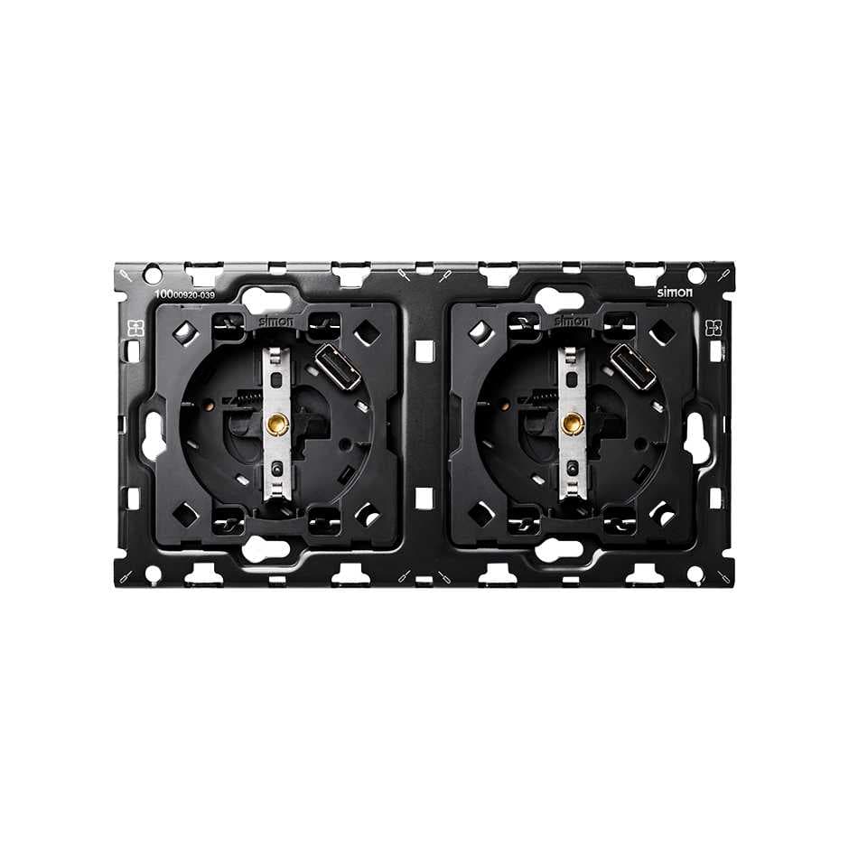 Simon 100 Кит 2 поста механизм 2 розетки Schuko с з/у USB SC 2.1А + суппорт 10010211-039