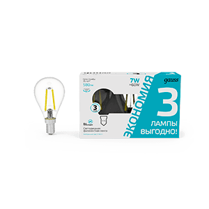 Лампа Gauss Filament Шар 7W 580lm 4100К Е14 LED (3 лампы в упаковке) 1/20 105901207T — миниатюра 1