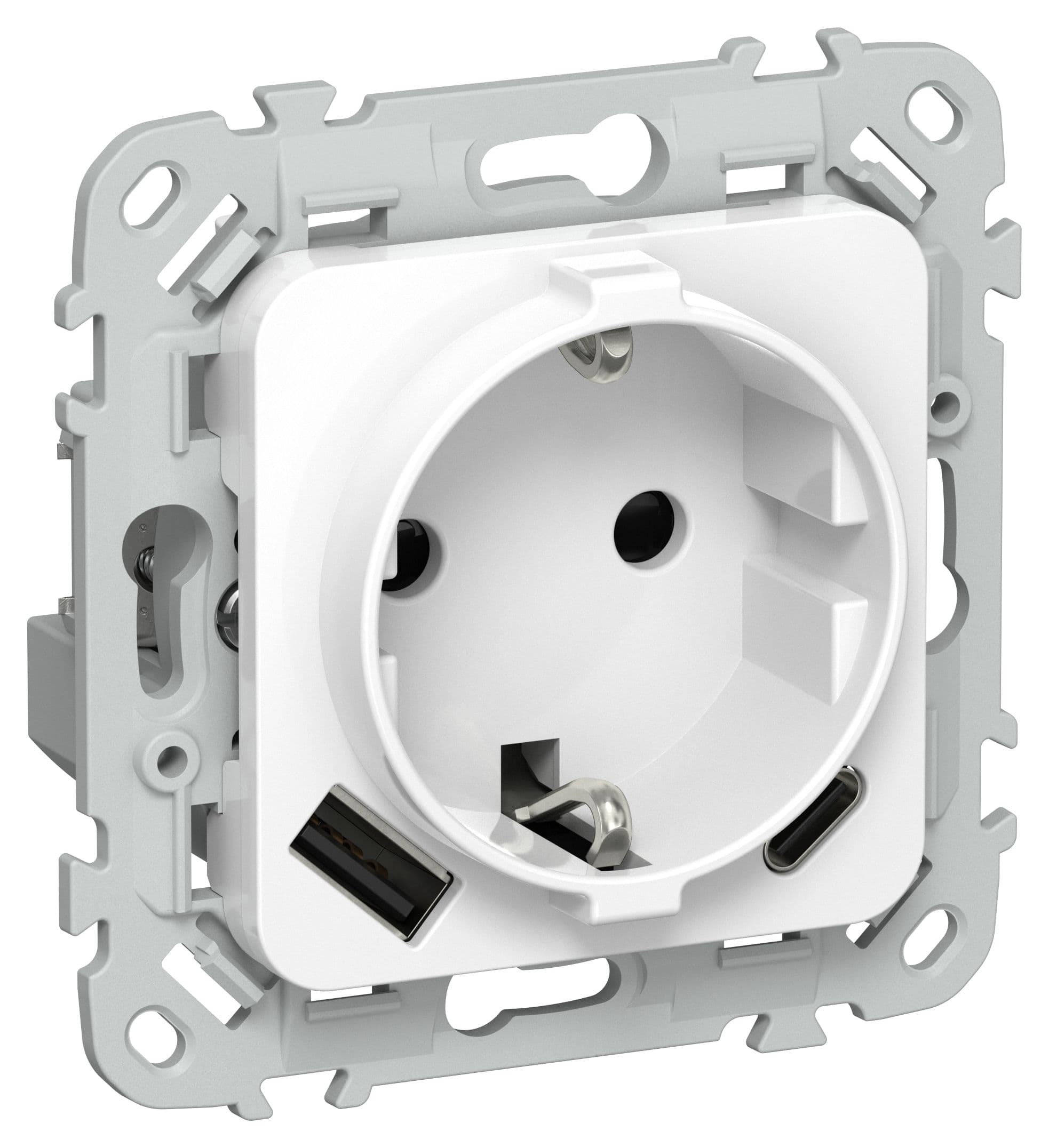 IEK FLITE Белый Розетка 1-местная с заземлением с защитными шторками 16А с USB A+C 20Вт безвинтовое крепление — миниатюра 1