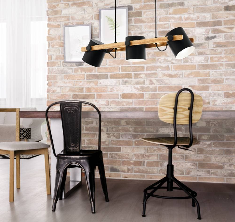Eglo 43045 Подвес HORNWOOD, 3х60W (E27), L780, B210, H1100, сталь, черный, кремовый /дерево, коричневый — миниатюра 2