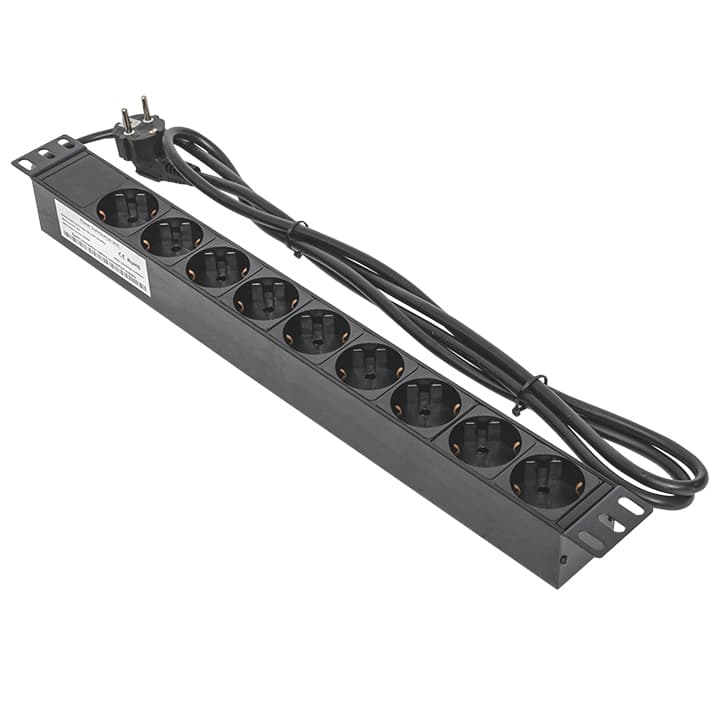 EKF TERACOM PRO Блок розеток PDU 19" 1U 10А/250В 9 розеток Schuko шнур питания длиной 2 метра сечение 3x1,5 мм2 вилка C14 корпус алюминий черный