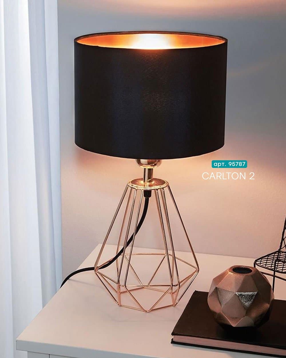 Eglo Лампа настольная CARLTON 2, 1х60W(E14), Ø165, H305, сталь, медь/текстиль, черный, медь 95787 — миниатюра 2