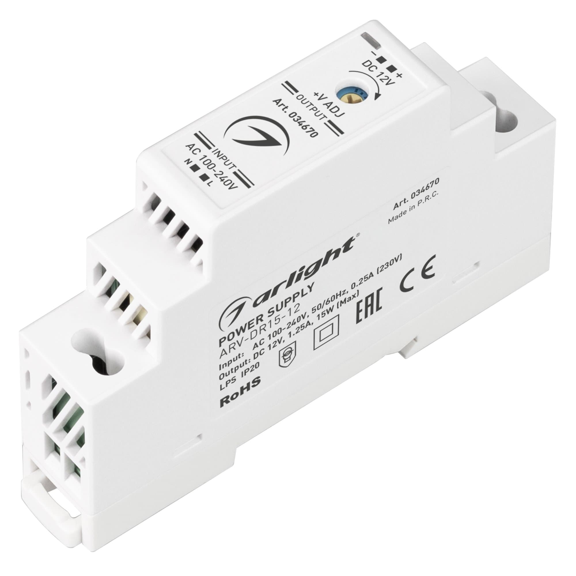 Arlight Блок питания ARV-DR15-12 (12V, 1.25A, 15W) (IP20 DIN-рейка) 034670