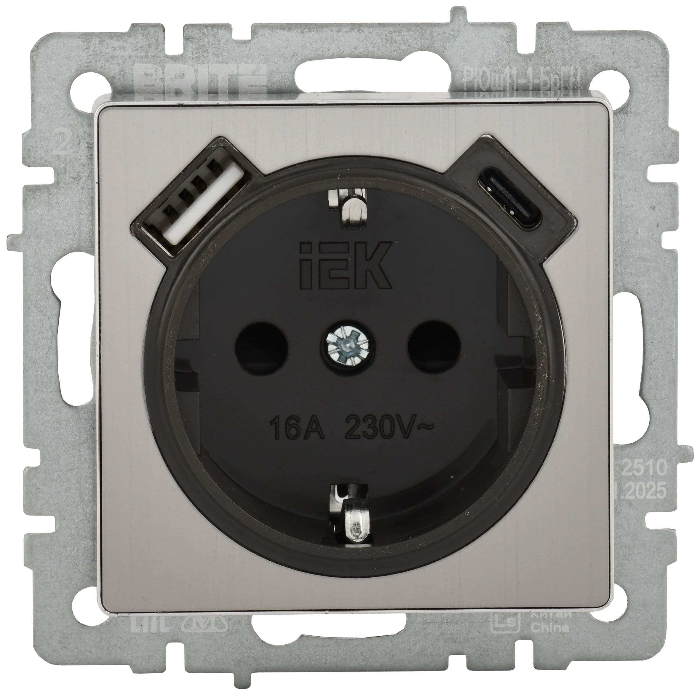 IEK BRITE Металл Хром/никель Роз. с з/к/ш 16А USB A+C 18Вт РЮш11-1-БрГН — миниатюра 2