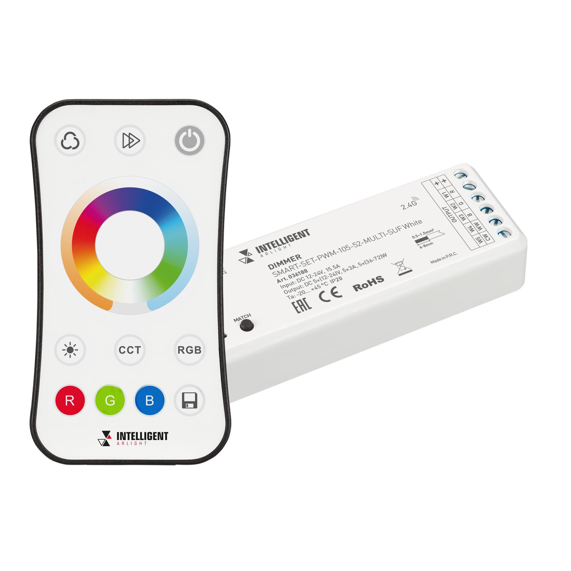 Arlight INTELLIGENT ARLIGHT Диммер SMART-SET-PWM-105-52-MULTI-SUF White (12-24V, 5x3A, ПДУ RING 10кн, 2.4G) (IARL, IP20 Пластик, 5 лет) 036188