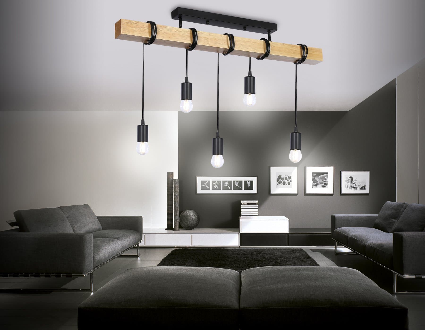 Ambrella Подвесной светильник в стиле лофт TR8183/5 BK/LW черный/светлое дерево E27*5 max 40W 800*50*420 — миниатюра 2