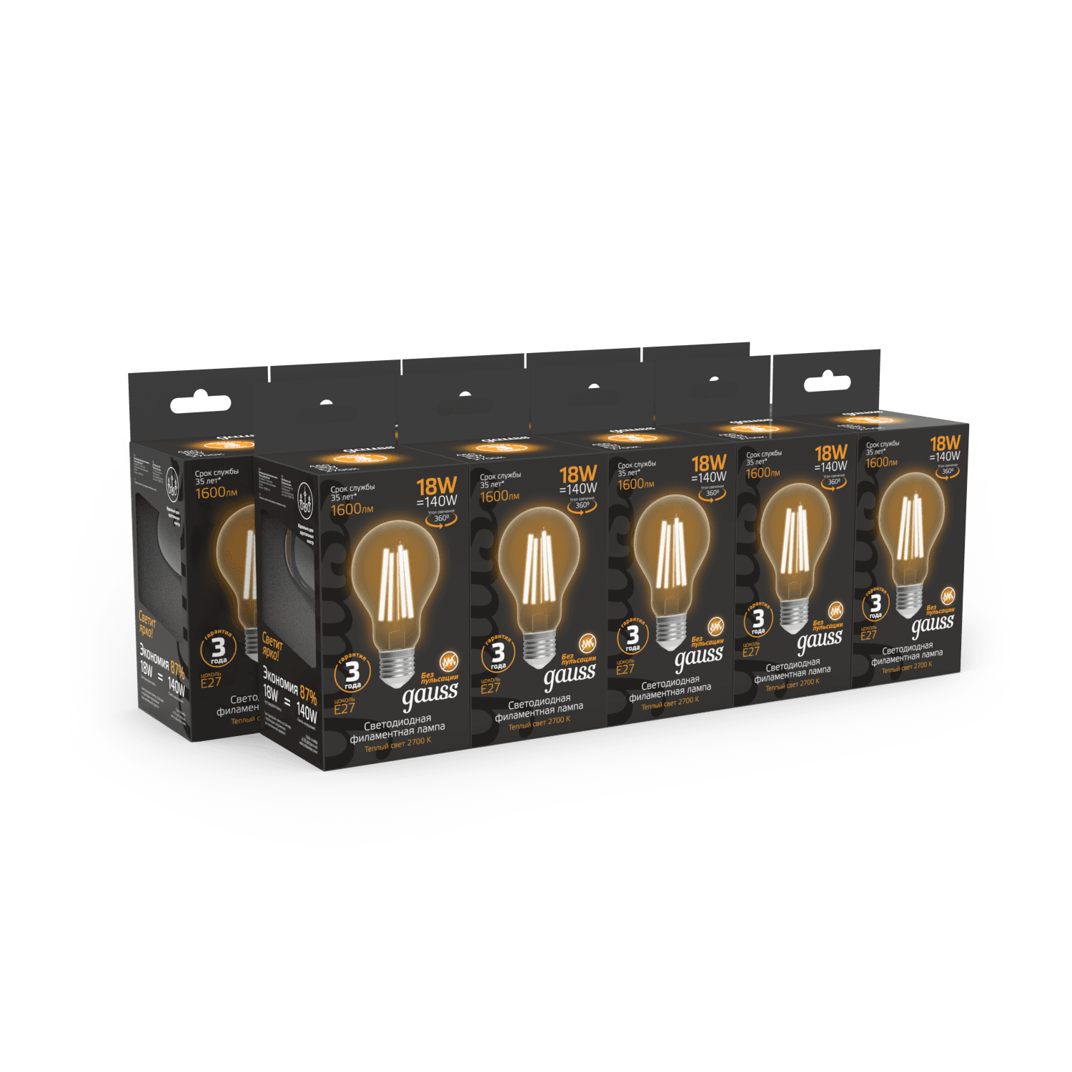 Gauss Лампа Filament А60 18W 1600lm 2700К Е27 LED 1/10/40 102902118 — миниатюра 4