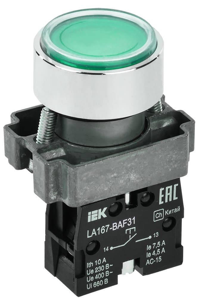 IEK Кнопка LA167-BAF31 d=22мм 1з зеленая