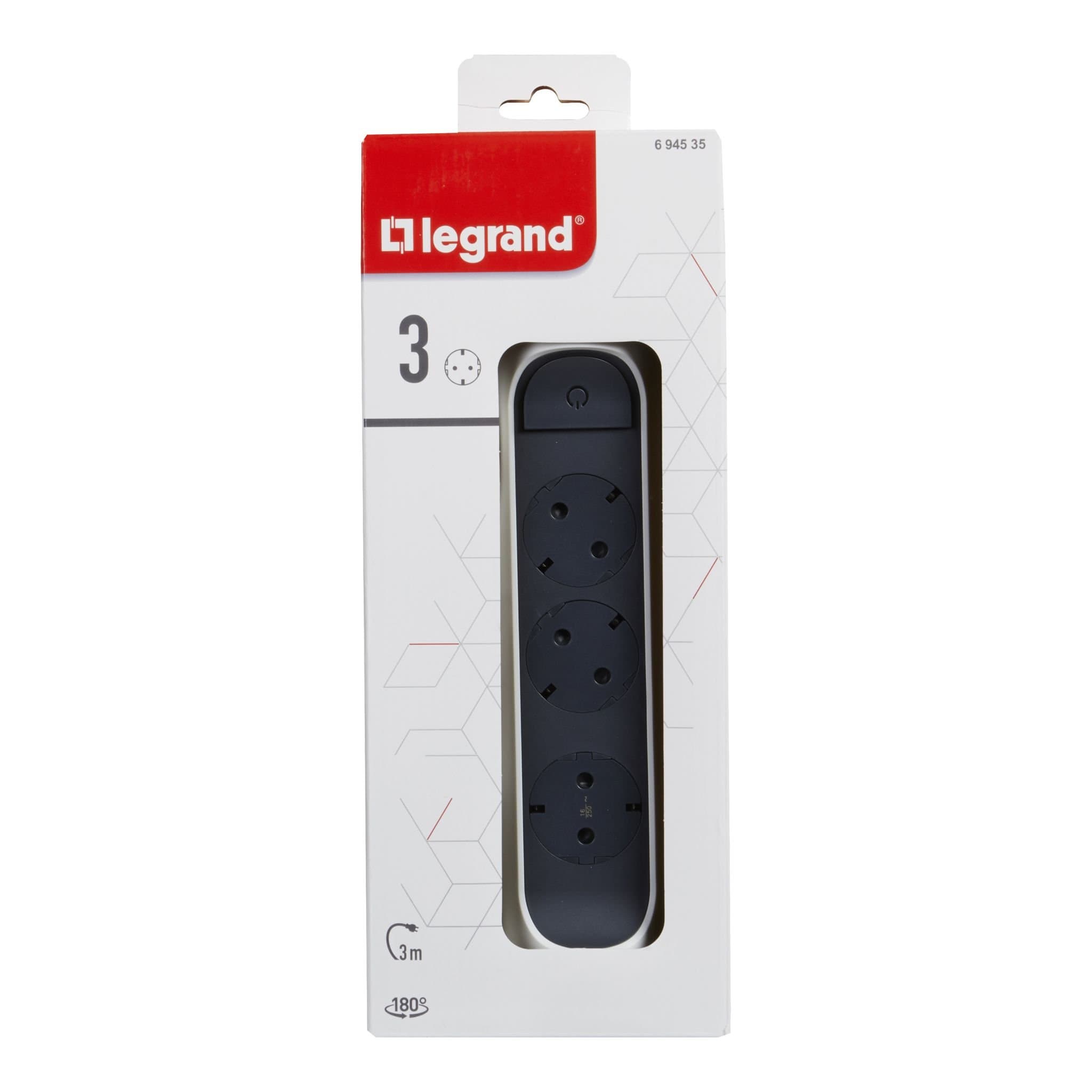 Legrand Revolution Комфорт Бело-черный Удлинитель 3x2К+З с выкл., кабель 3м, плоские розетки, УЗИП с индикацией, фиксируемый поворотный блок 694535 — миниатюра 3