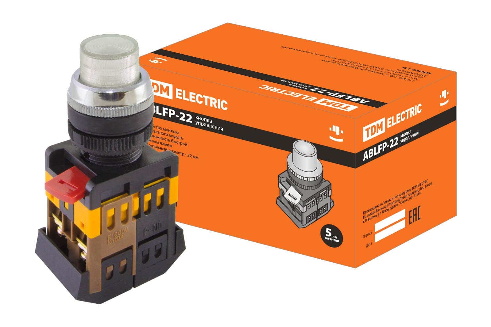 TDM Кнопка ABLFP-22 прозрачн. d22мм неон/230В 1з+1р SQ0704-0032