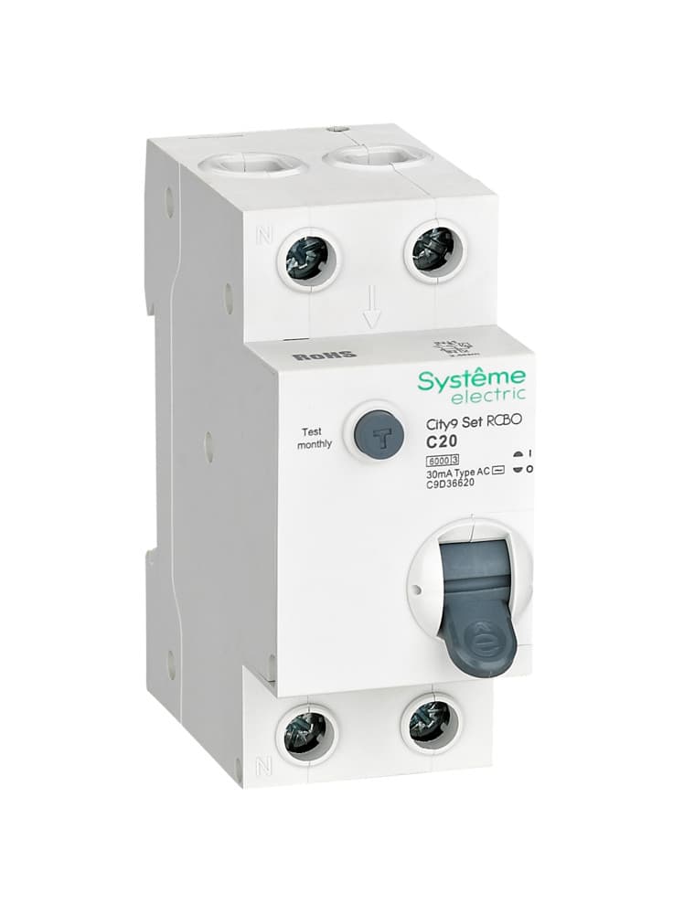 Systeme Electric City9 Set Автоматический выключатель дифференциального тока (АВДТ) 1P+N С 20А 6kA 30мА Тип-AС 230В C9D36620