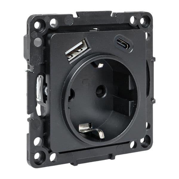 EKF Стокгольм Механизм Розетки 1-местной с/з, USB A+C 16А винтовые клеммы черный с защ. штор — миниатюра 1
